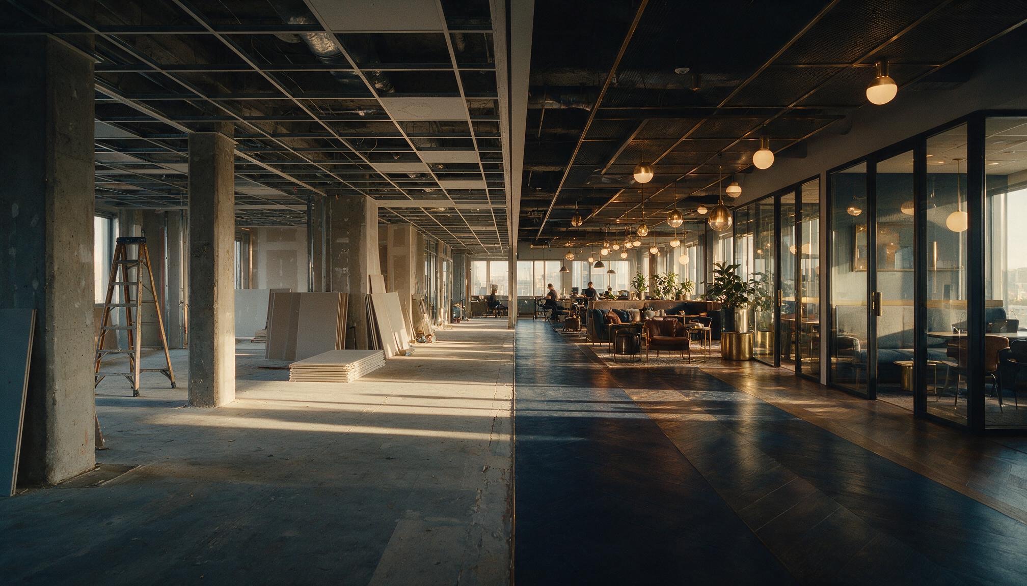 One flexible workspace floor in transition: raw space under construction on the left, a finished operating coworking lounge on the right